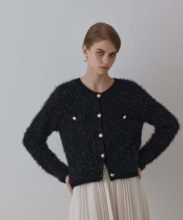 GRACE CONTINENTAL ノーカラーフェザーニットカーディガン ブラック