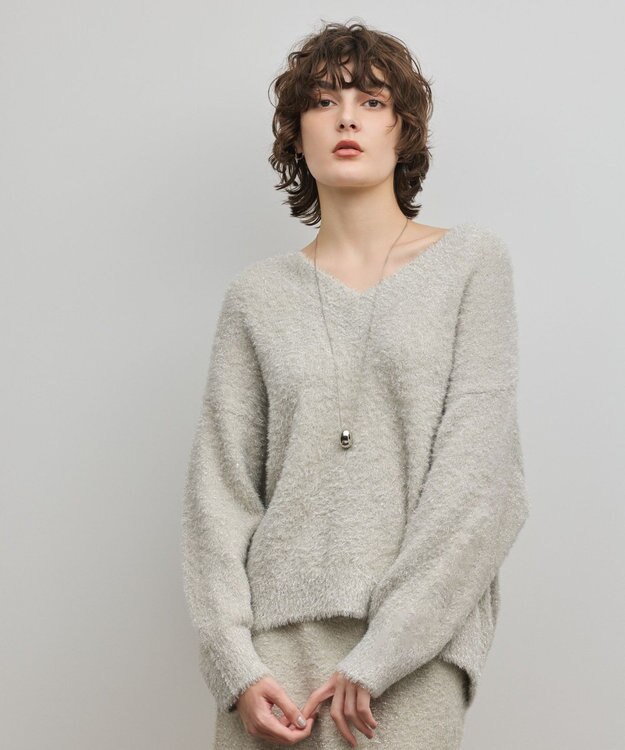 GRACE CONTINENTAL ラメフェザーニットトップ グレー