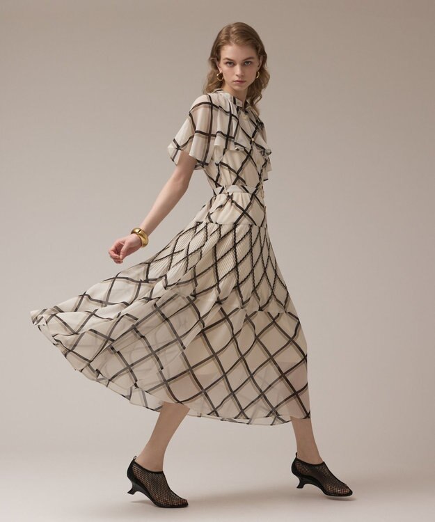 GRACE CONTINENTAL チェックプリントプリーツワンピース ベージュ