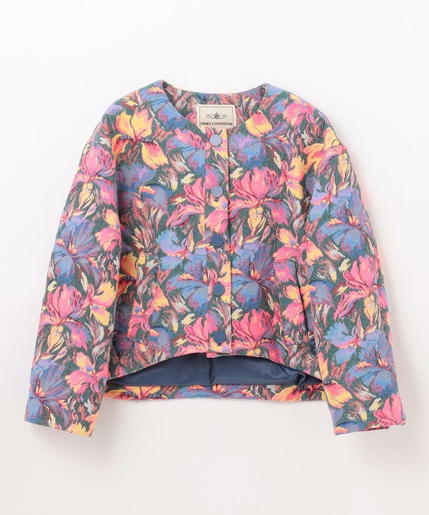 GRACE CONTINENTAL フラワージャガードノーカラージャケット ブルー