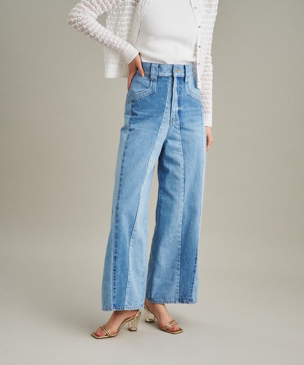 GRACE CONTINENTAL 切替ワイドデニムパンツ サックス