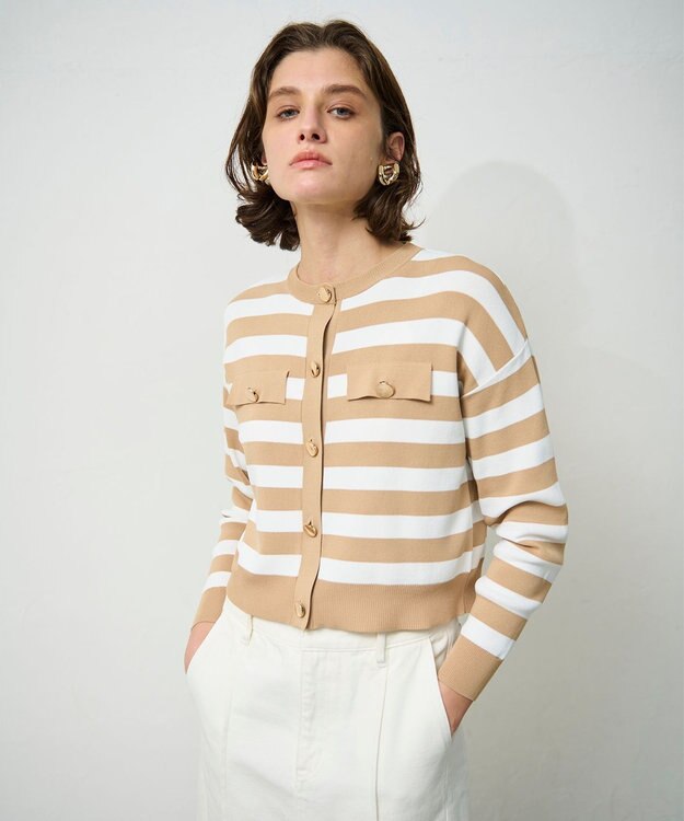 GRACE CONTINENTAL ニットボーダーカーディガン ベージュ