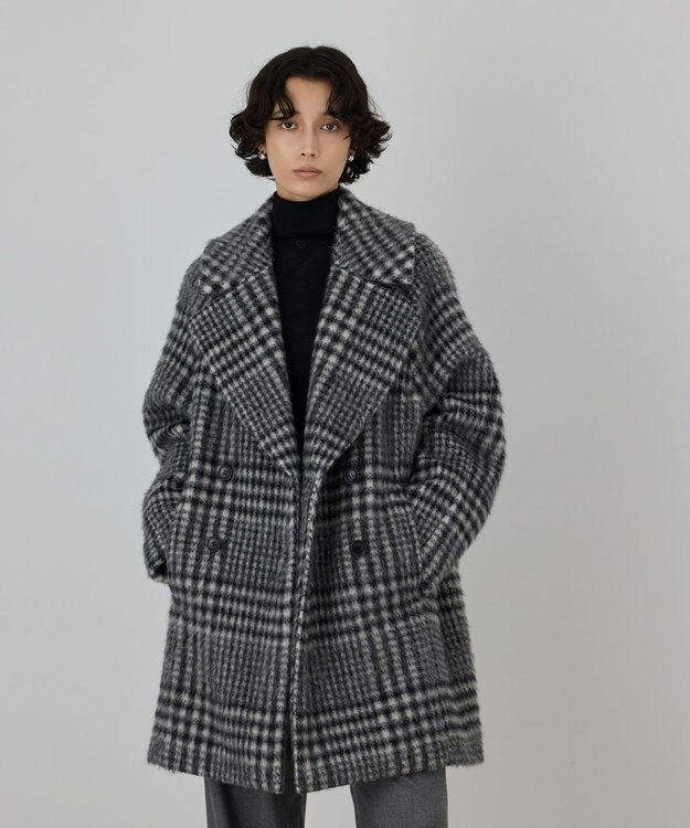 GRACE CONTINENTAL シャギーチェックコート グレー