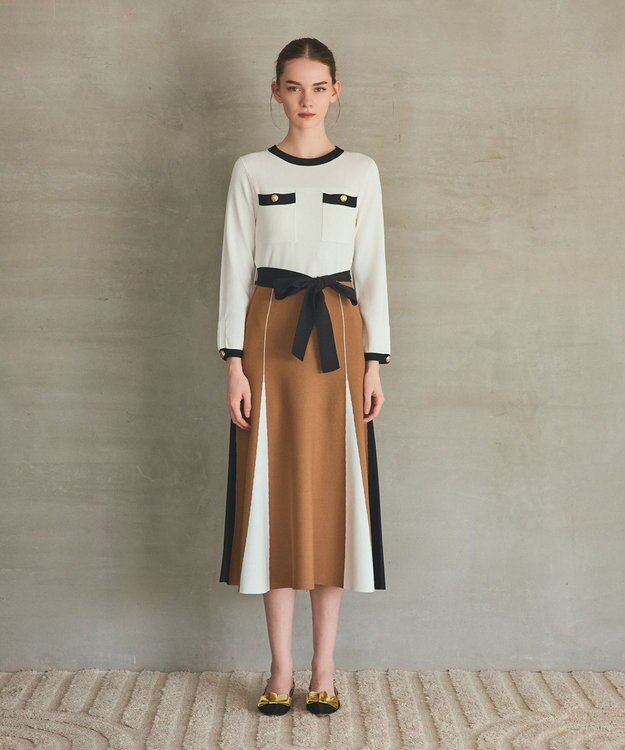 GRACE CONTINENTAL ニットバイカラージャガードワンピース ホワイト