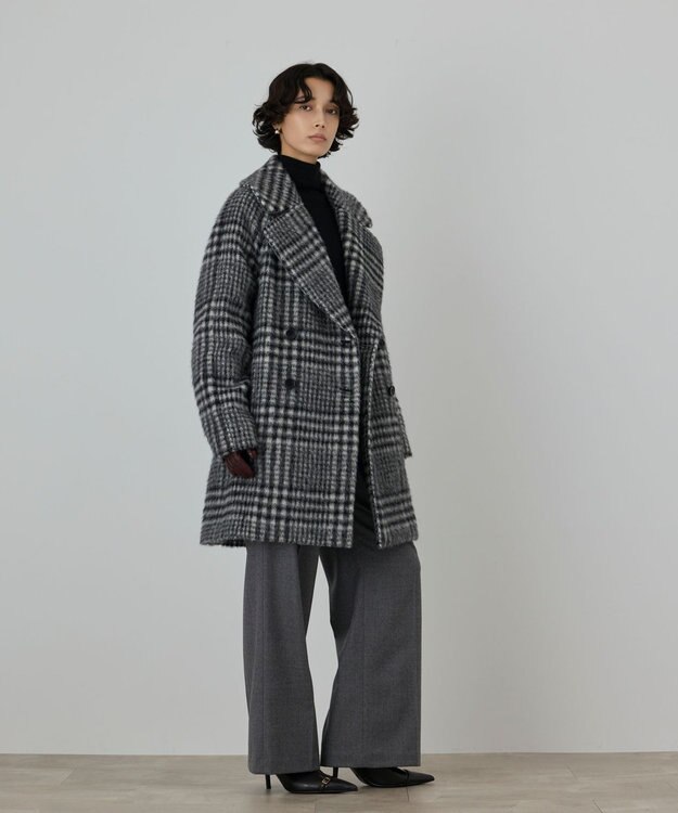 GRACE CONTINENTAL シャギーチェックコート グレー