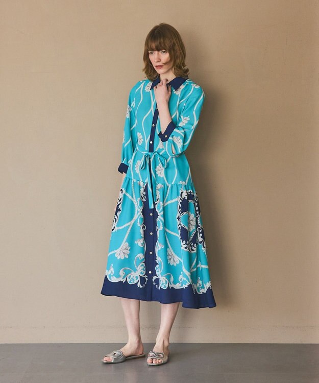 GRACE CONTINENTAL スカーフプリントシャツワンピース ブルー