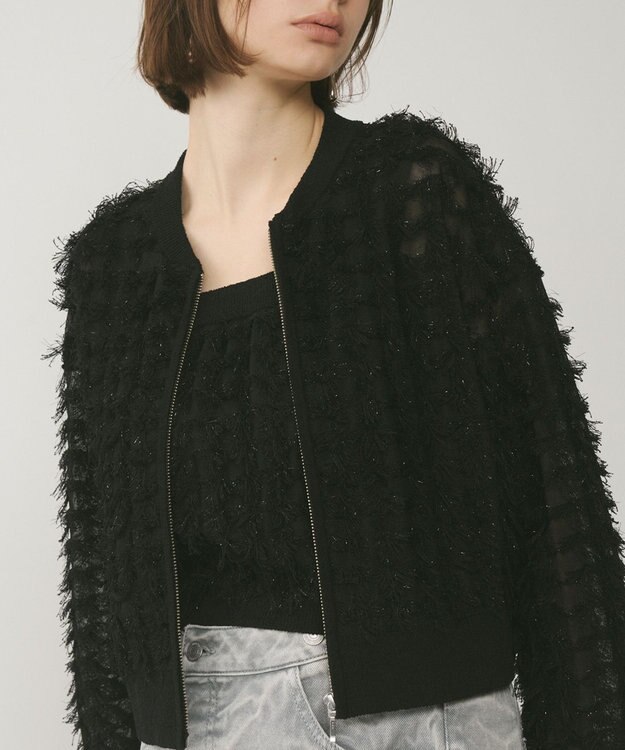 GRACE CONTINENTAL フリンジニットzipカーディガン ブラック