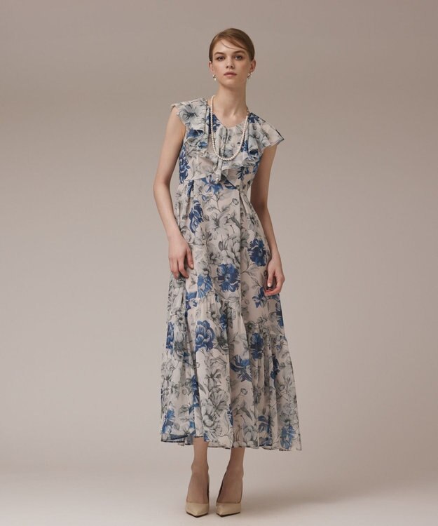 GRACE CONTINENTAL フラワープリントフリルワンピース ベージュ