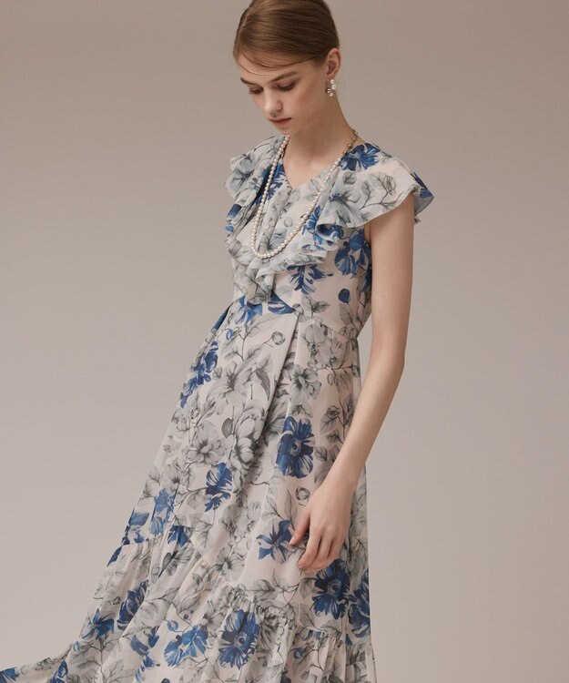 GRACE CONTINENTAL フラワープリントフリルワンピース ベージュ