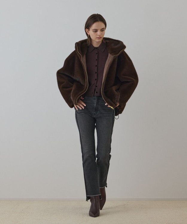 GRACE CONTINENTAL フェイクミンクフードジャケット ダークブラウン