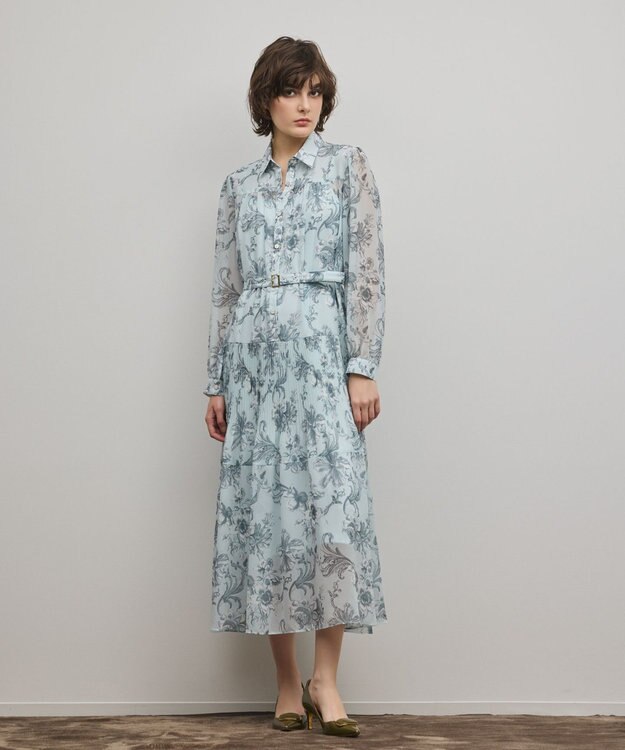 GRACE CONTINENTAL フラワープリントプリーツワンピース ブルー