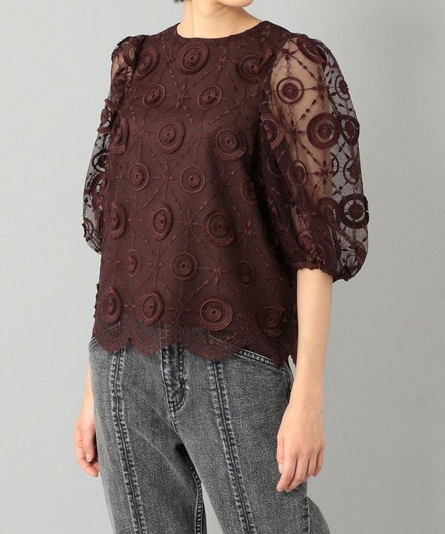 GRACE CONTINENTAL チュール刺繍トップ ボルドー