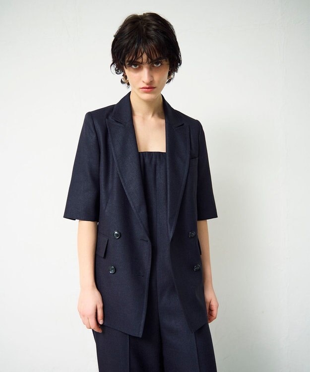 GRACE CONTINENTAL リネンタッチハーフスリーブジャケット ネイビー