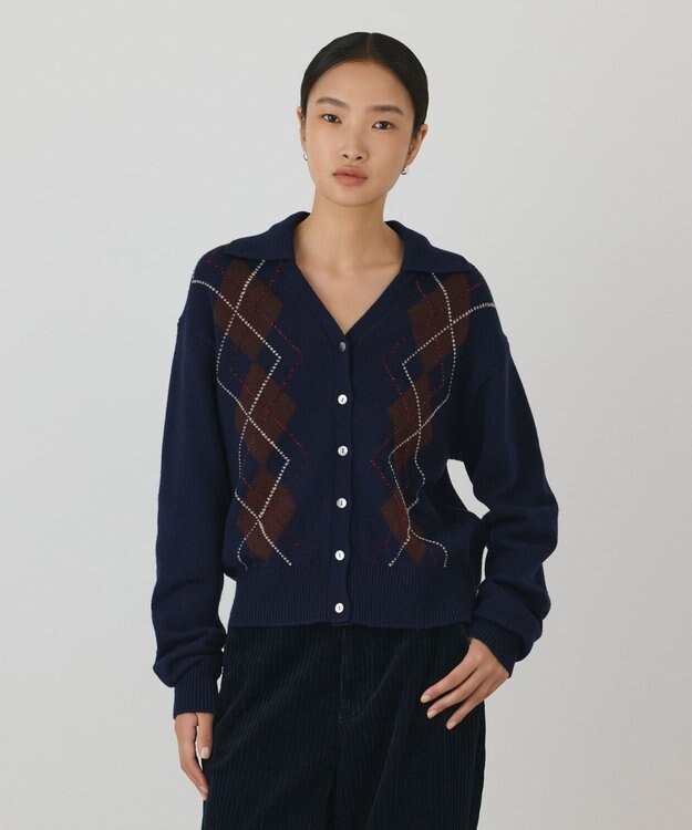 GRACE CONTINENTAL アーガイルニットカーディガン ネイビー