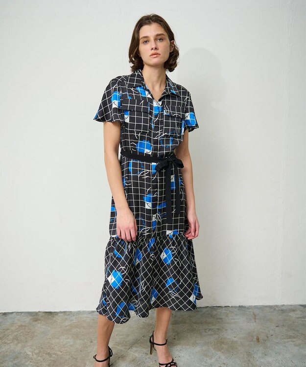 GRACE CONTINENTAL ラインフラワーシャツドレス ブラック