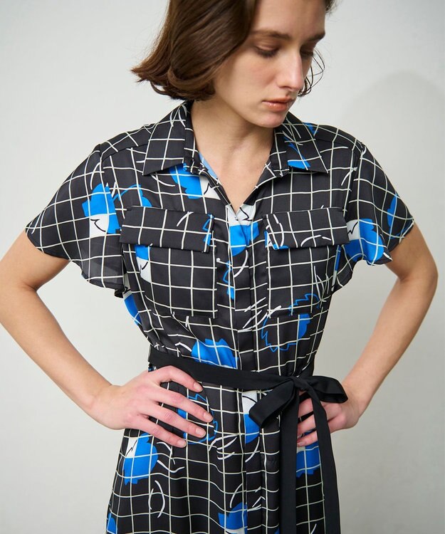 GRACE CONTINENTAL ラインフラワーシャツドレス ブラック