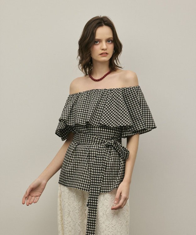 GRACE CONTINENTAL チェックケープブラウス ベージュ