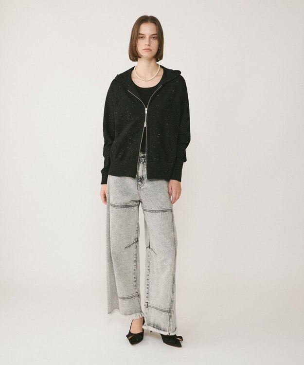 GRACE CONTINENTAL スパンコールニットパーカー ブラック