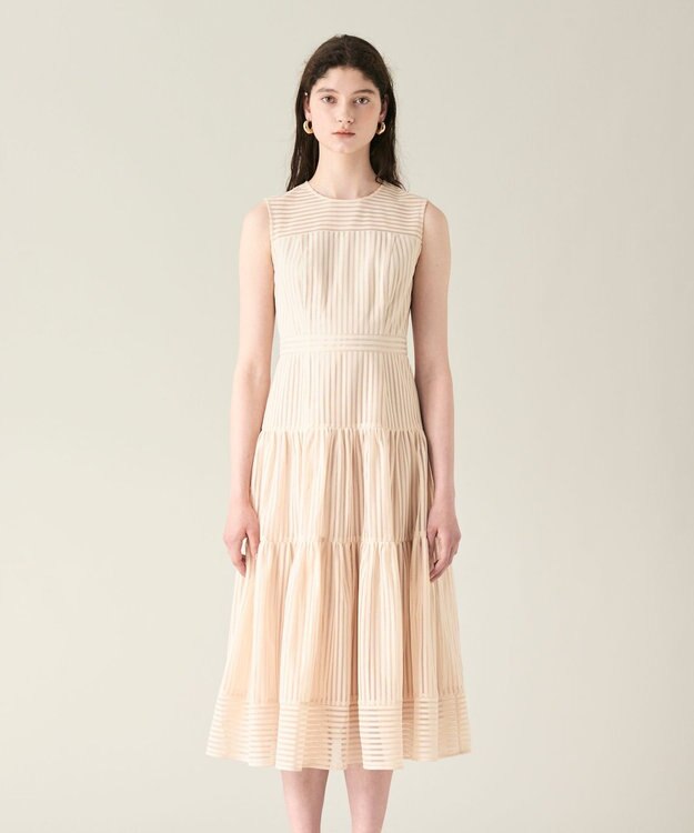 GRACE CONTINENTAL ストライプレースフレアドレス ベージュ