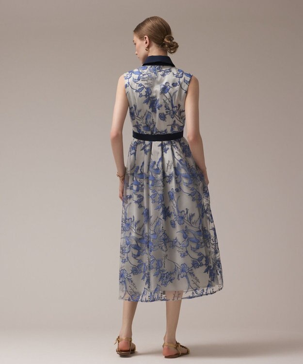 GRACE CONTINENTAL フラワー刺繍ボウタイドレス ブルー