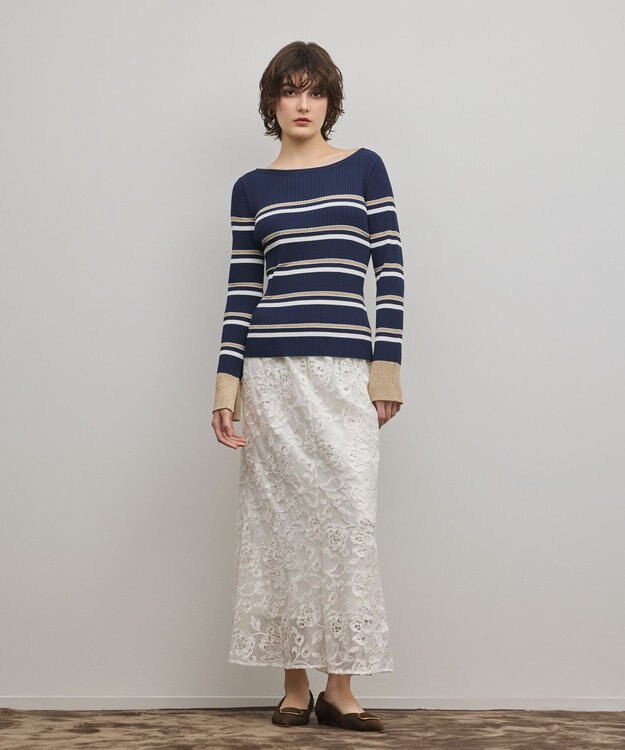 GRACE CONTINENTAL ラメボーダーニットトップ ネイビー