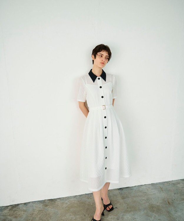 GRACE CONTINENTAL シアーチェックシャツワンピース ホワイト