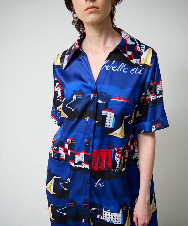 GRACE CONTINENTAL マリンプリントシャツドレス ブルー