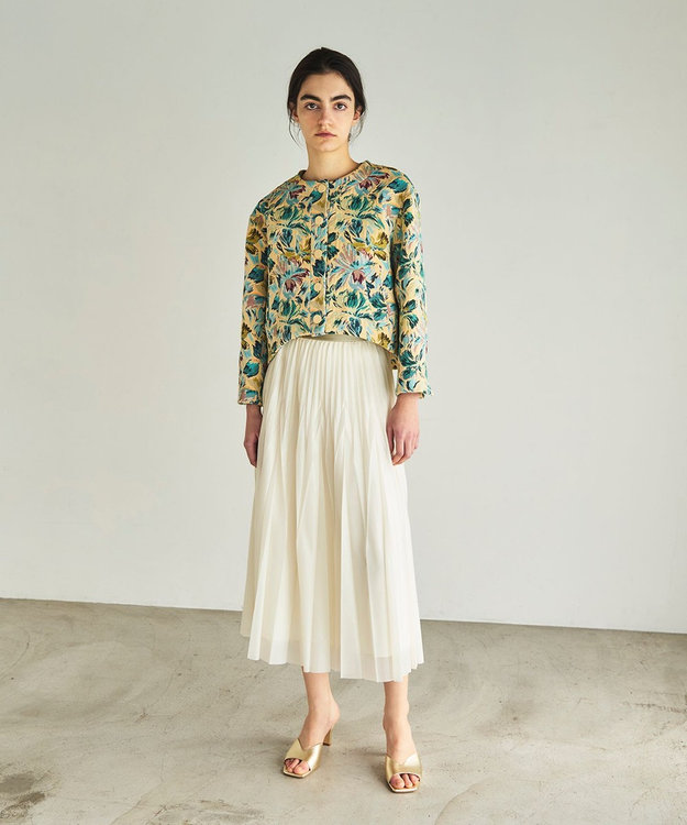 GRACE CONTINENTAL フラワージャガードノーカラージャケット イエロー