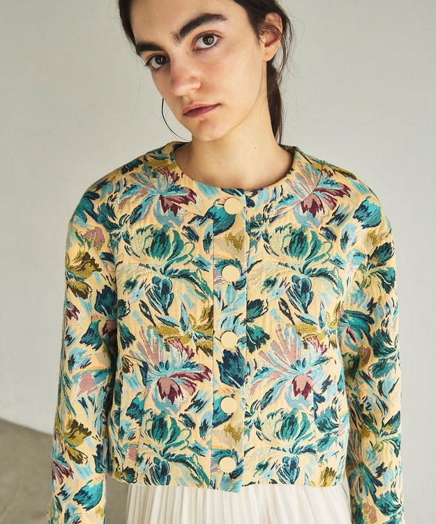 GRACE CONTINENTAL フラワージャガードノーカラージャケット イエロー