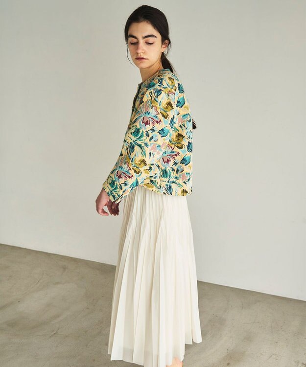 GRACE CONTINENTAL フラワージャガードノーカラージャケット イエロー