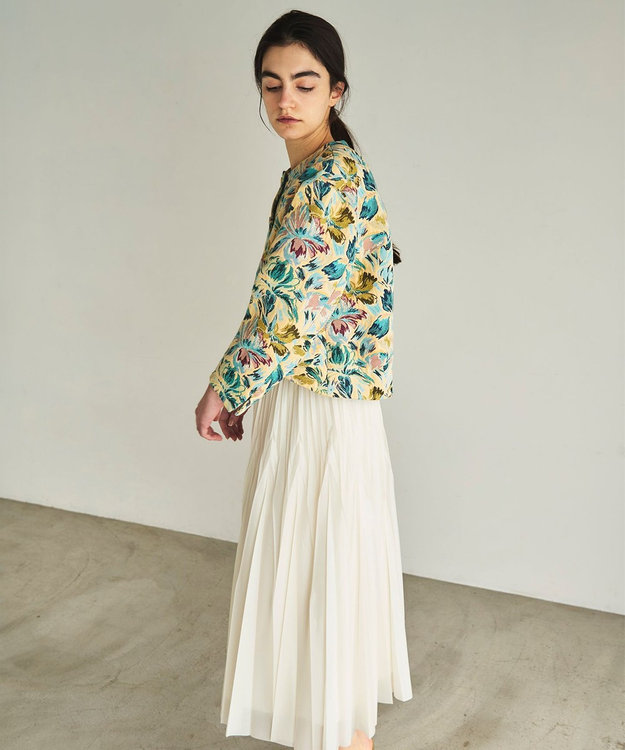 GRACE CONTINENTAL フラワージャガードノーカラージャケット イエロー