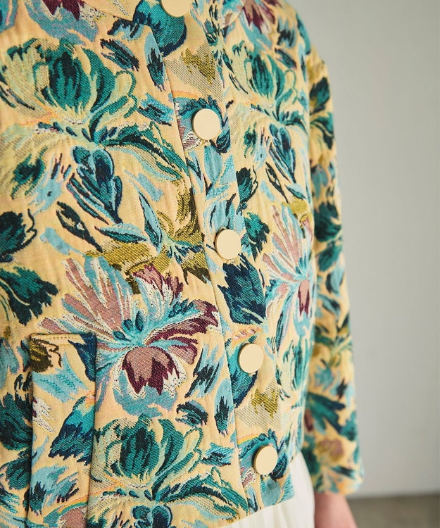 GRACE CONTINENTAL フラワージャガードノーカラージャケット イエロー