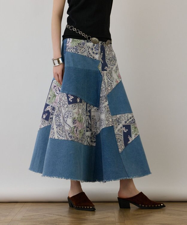 GRACE CONTINENTAL スカーフコンビデニムスカート ネイビー