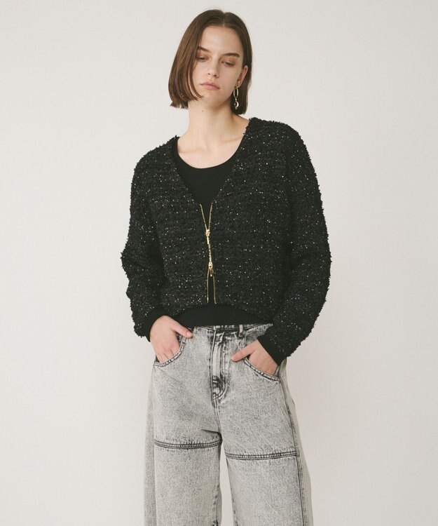 GRACE CONTINENTAL ツイードニットzipカーディガン ブラック