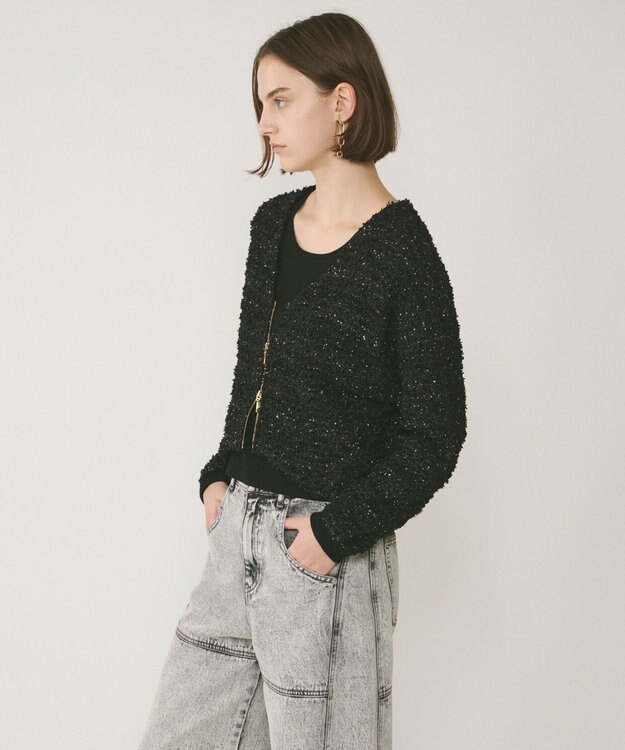 GRACE CONTINENTAL ツイードニットzipカーディガン ブラック