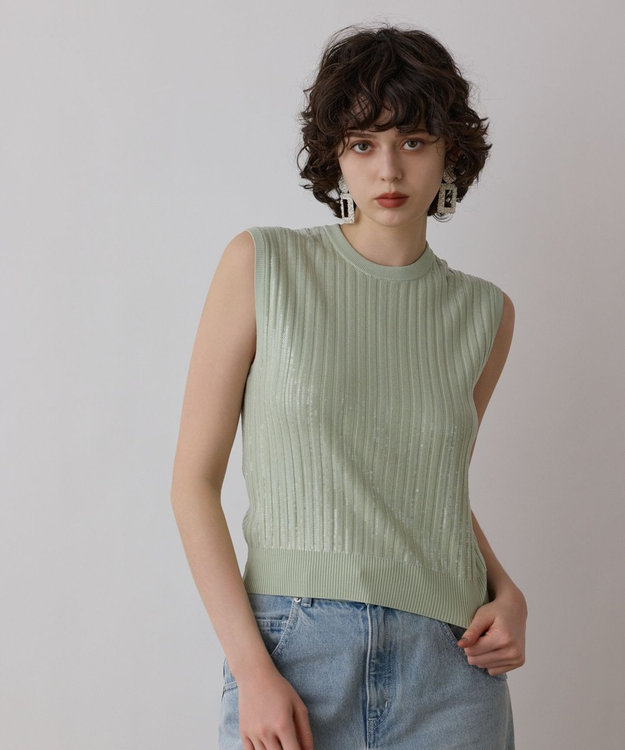 GRACE CONTINENTAL スパンコールニットノースリーブ ライトグリーン