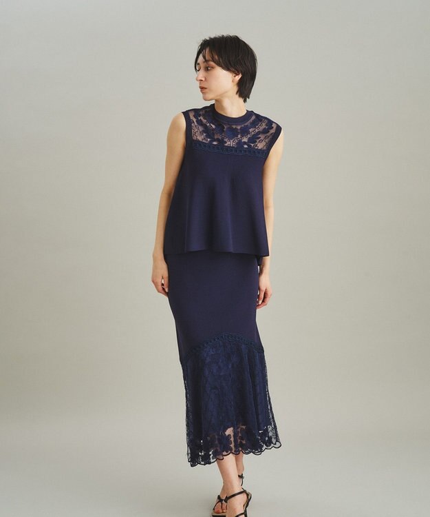 GRACE CONTINENTAL フラワーコードニットトップ ネイビー