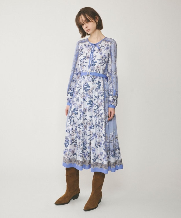 GRACE CONTINENTAL フラワーパネルプリントワンピース ブルー