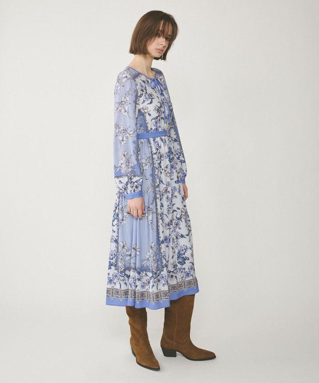 GRACE CONTINENTAL フラワーパネルプリントワンピース ブルー