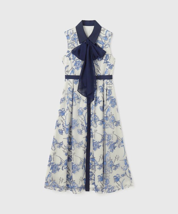 GRACE CONTINENTAL フラワー刺繍ボウタイドレス ブルー