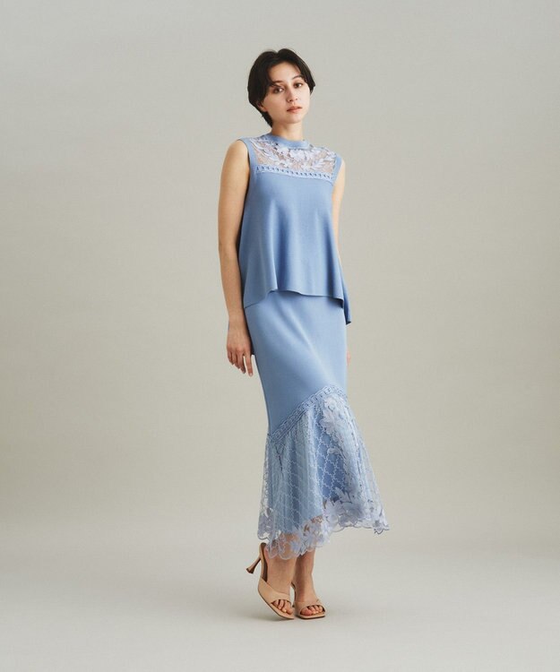 GRACE CONTINENTAL フラワーコードニットトップ ブルー