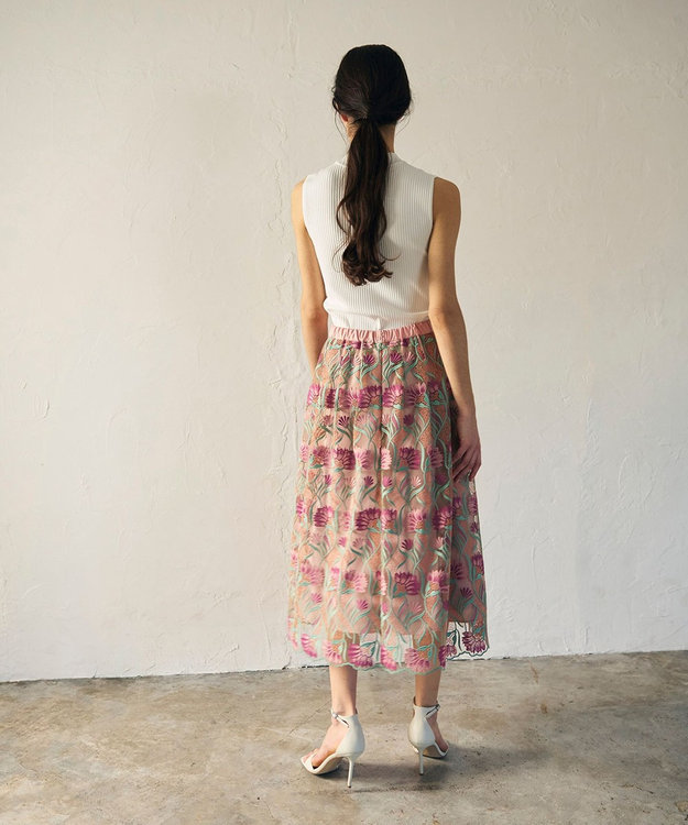 GRACE CONTINENTAL フラワー刺繍チュールスカート ピンク