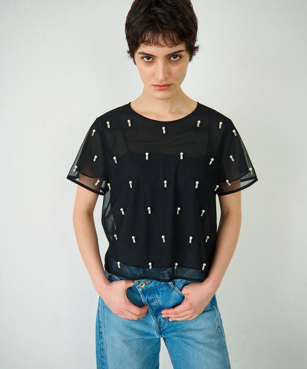 GRACE CONTINENTAL ビジューチュールトップ ブラック