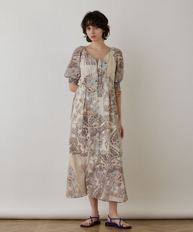 GRACE CONTINENTAL スカーフプリントドレス ベージュ