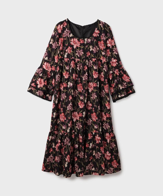 GRACE CONTINENTAL ボタニカルプリントティアードワンピース ブラック