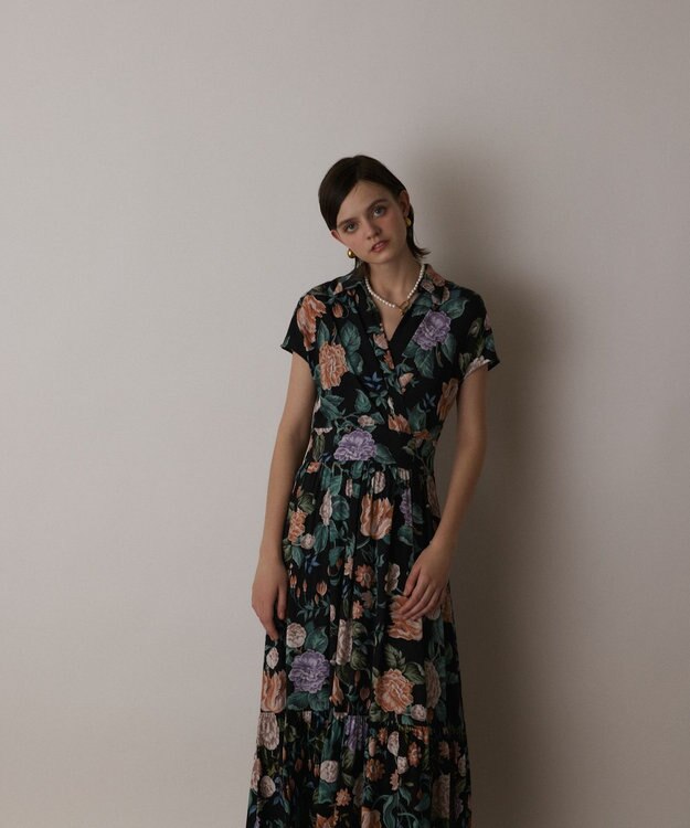 GRACE CONTINENTAL アンティークフラワープリントワンピース ブラック