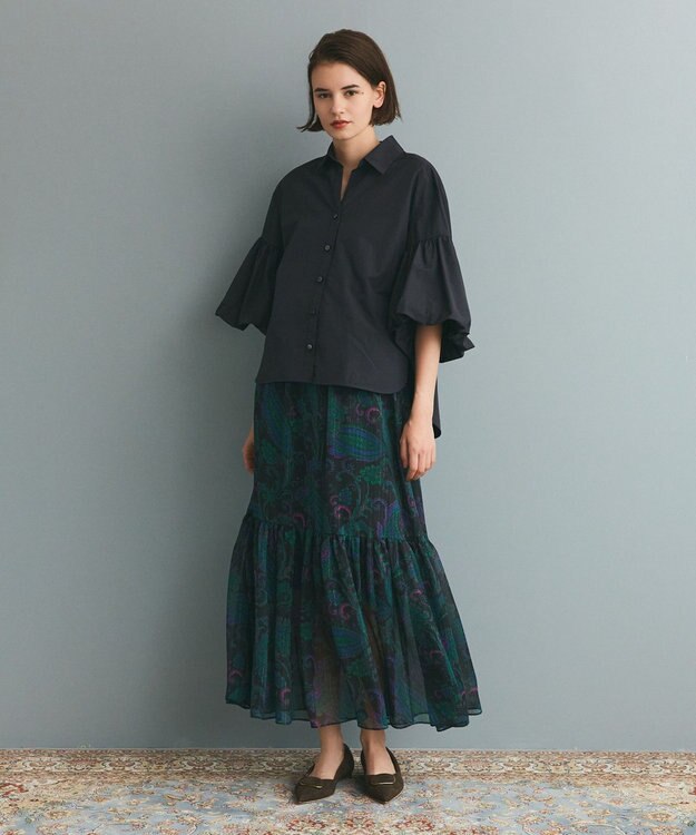 GRACE CONTINENTAL ラメストライププリントスカート ブラック