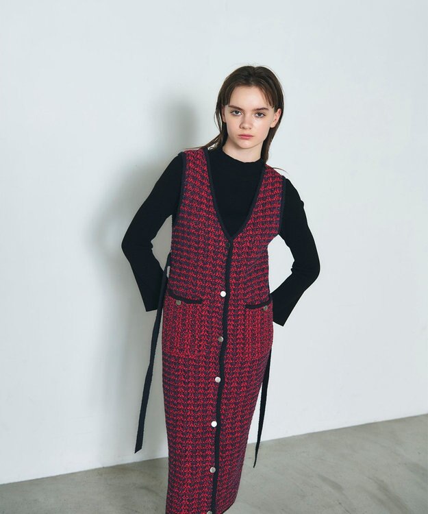 GRACE CONTINENTAL バイカラージャガードニットワンピース レッド