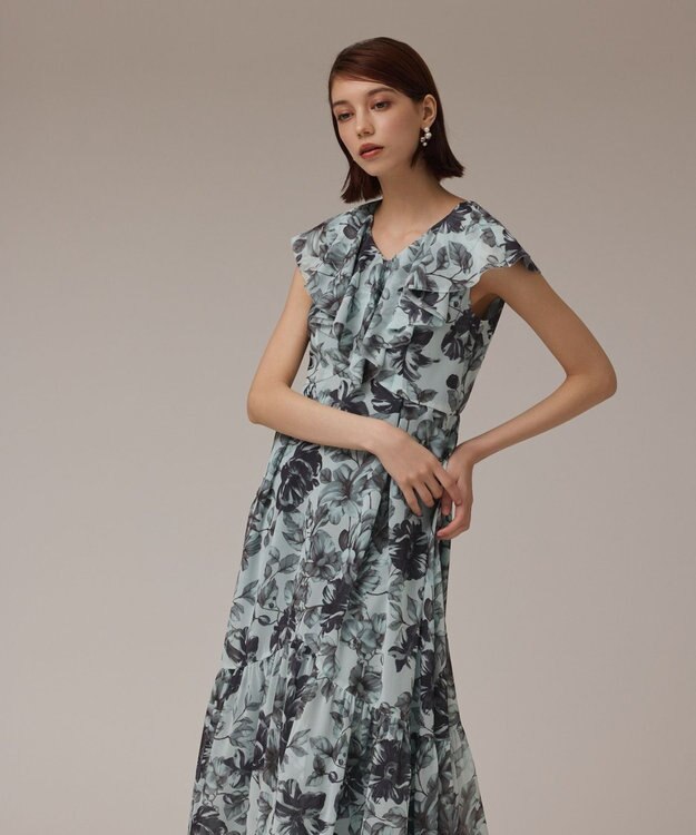 GRACE CONTINENTAL フラワープリントフリルワンピース グリーン