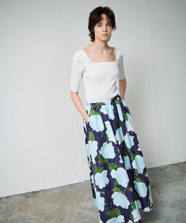 GRACE CONTINENTAL グログランボタニカルスカート ネイビー